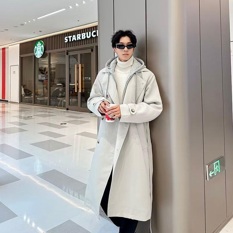 メンズファッション 人気アウター スタイルのと服百ロングセクションフード付きジャケットメンズ膝丈トレンチコートツイードコートと今だけ