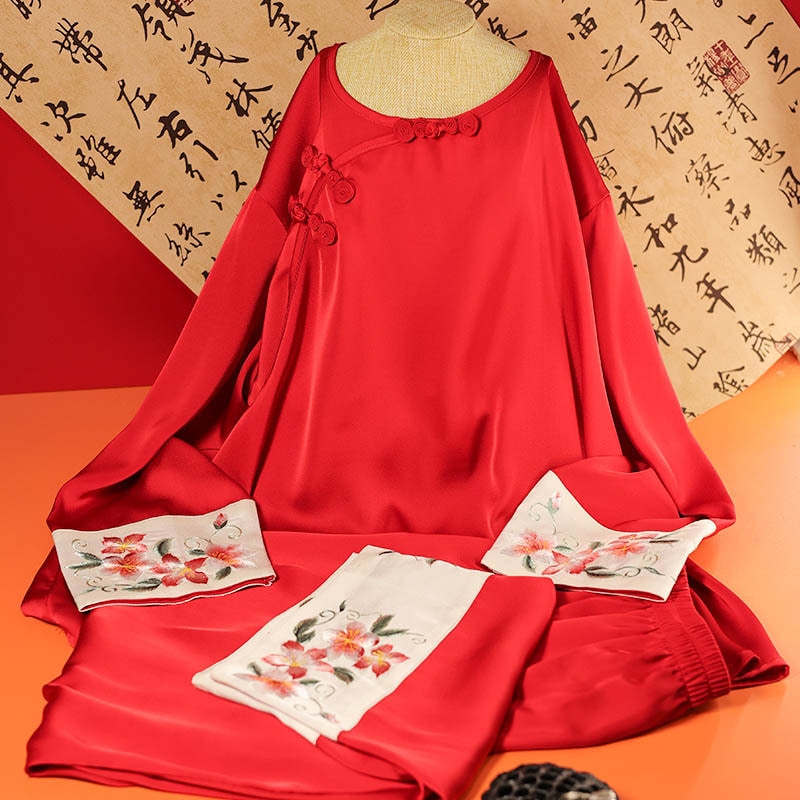 蘇州刺繍パジャマの女性スーツシルクアセテート絹蘇州刺繍完成品ボタンパジャマゆったりとした家服