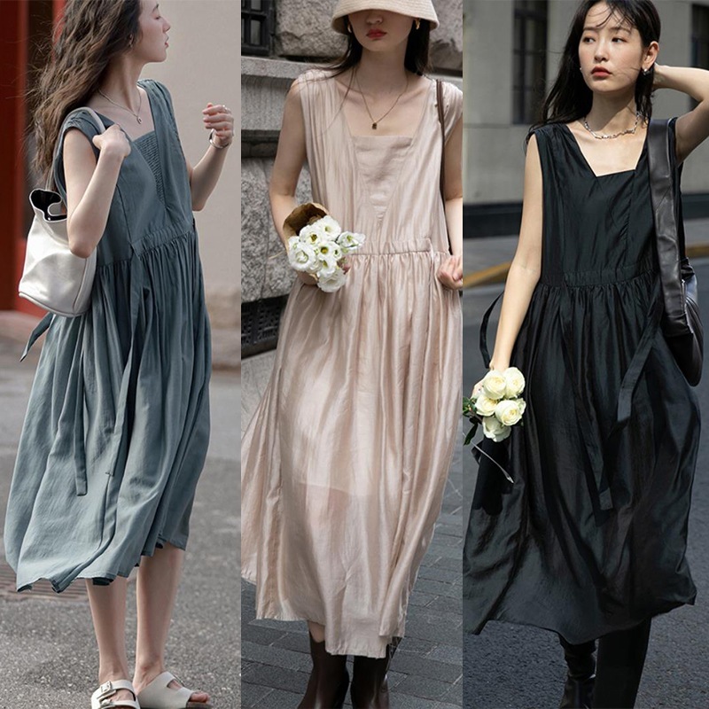 ノースリーブワンピース ロング テンセル リボンワンピース レディース シンプル フレア スクエア襟