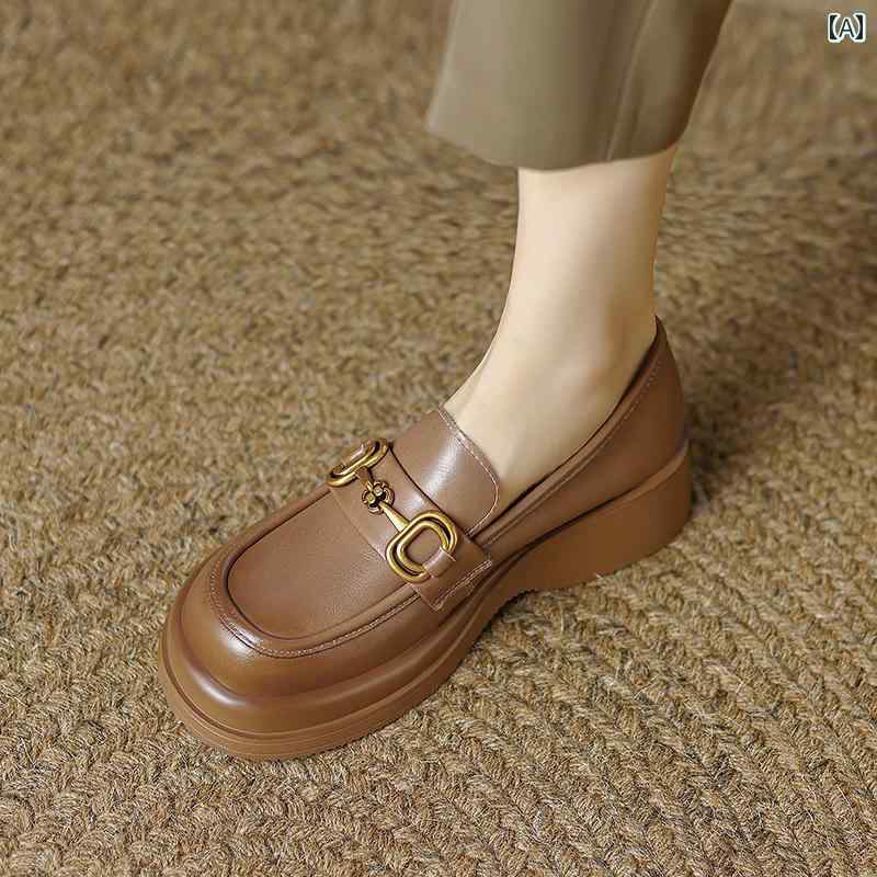 ローファー レディース 通学 通勤 学生 カレッジ 仕事 オフィス 春秋 革 ラウンドトゥ 厚底 レディー スプラットフォーム ソール ブラウン 深口 シングル シューズ ソフト ソール ミディアム