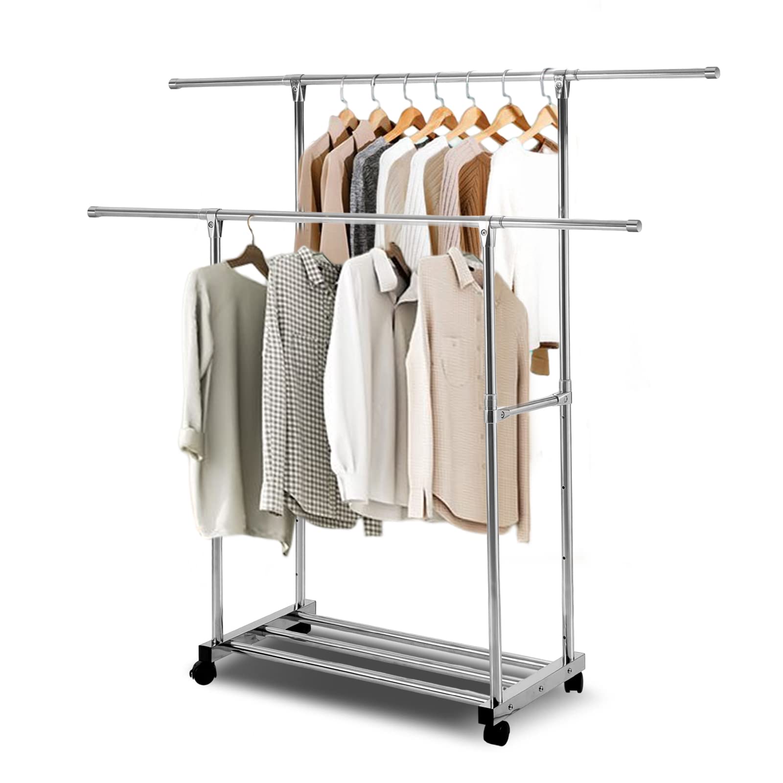 DEWEL ハンガーラック 洋服ラック 5段高さ調節可能 幅82.5-158.2cm×奥行41.5cm×高さ89.5-157.5cm 衣類ラック 耐荷重100kg パイプハンガー キャスター付き 移動