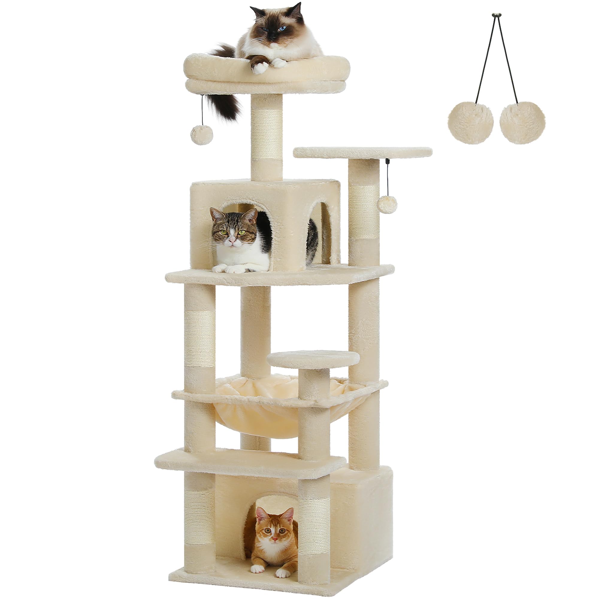 PETEPELA(ぺテぺラ) キャットタワー スリム 多頭飼い 据え置き コンパクトハンモック 麻紐 爪研ぎ 猫のおもちゃ 転倒防止 展望台 猫ベッド 運動不足解消 - S 高さ136cm ベージュ