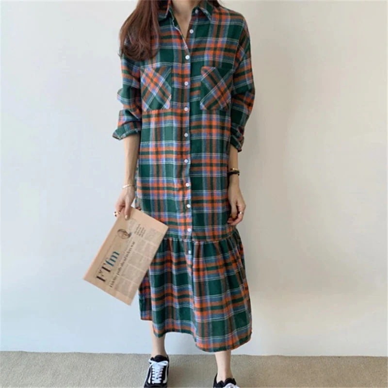 入荷ワンピースレディースシャツワンピースチェック柄マーメイドスカートロング丈ミモレ丈長袖フレア　体型カバー30%までに制限