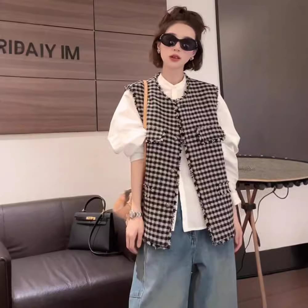 2024秋ウールスモールフレグランススタイルベストジャケット女性の新しいスタイルスリムデザインノースリーブトップ 4,742円