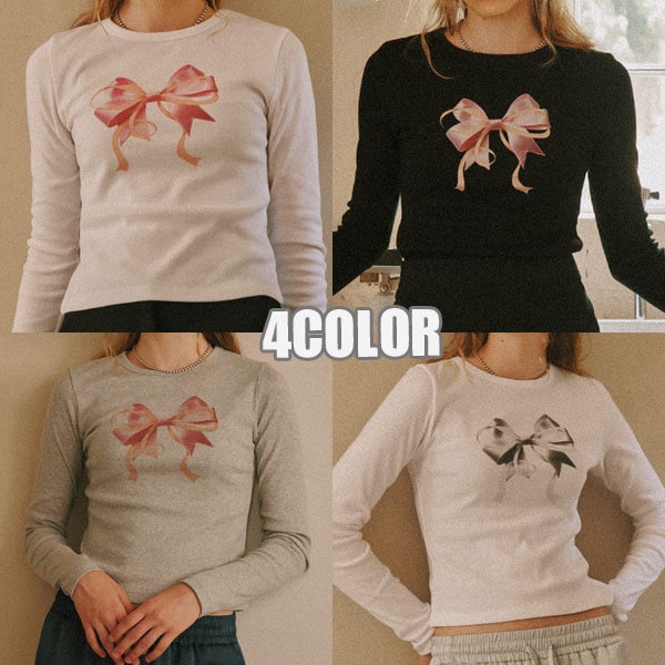 [RONRON] [韓国ベストアイテム] DOUBLE RIBBON SLIM CROP LONG SLEEVE
