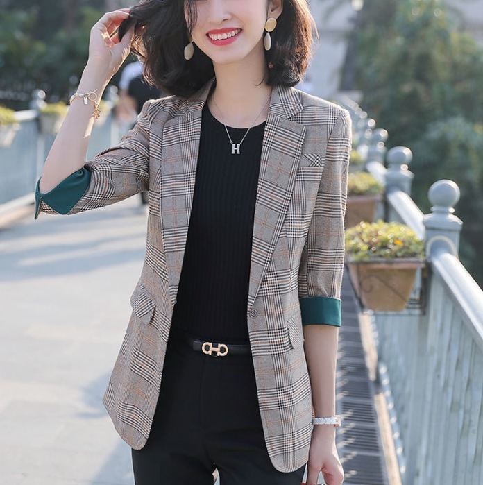 レトロスーツジャケット 長袖ジャケット チェック柄スーツジャケット クラシカルコーデ トップス アウター ジャケット 上着 スーツ ロング丈 袖あり 長袖 Vネック 襟付き スリム タイト 細身
