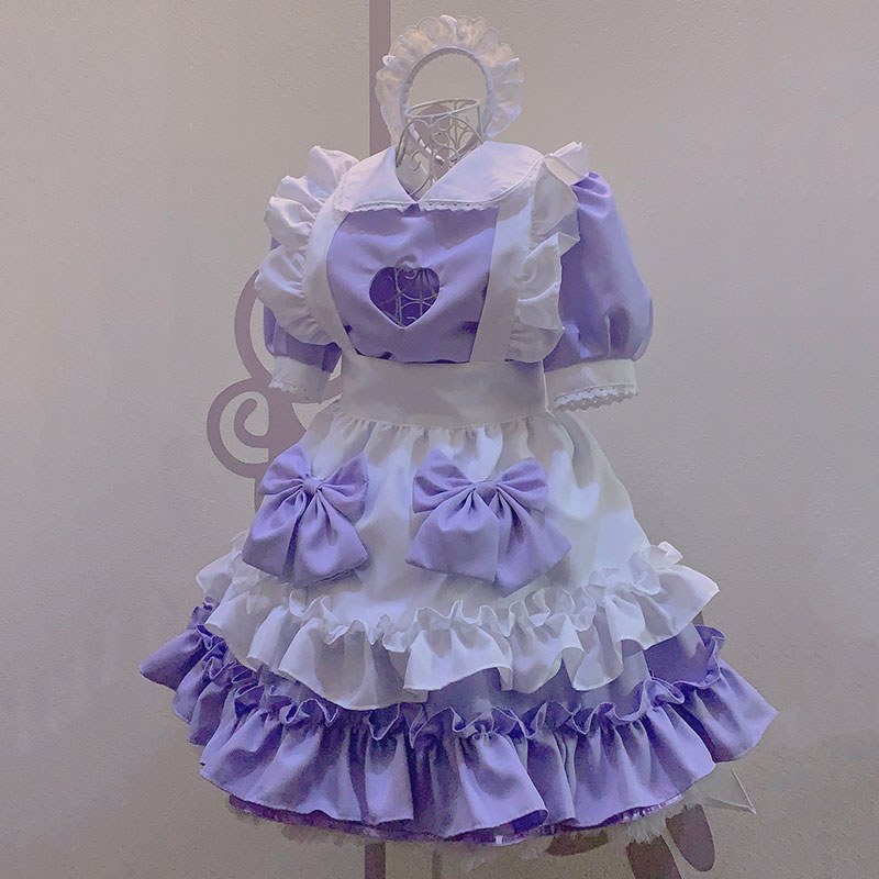 紫色メイド服 ハート胸開 セクシー風 荷葉フリル