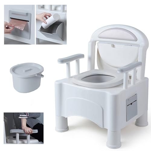 BQKOZFIN 簡易トイレ介護用 ポータブルトイレ 多機能 洋式トイレ 手すり付き蓋付き自家ベッド横仮設トイレ