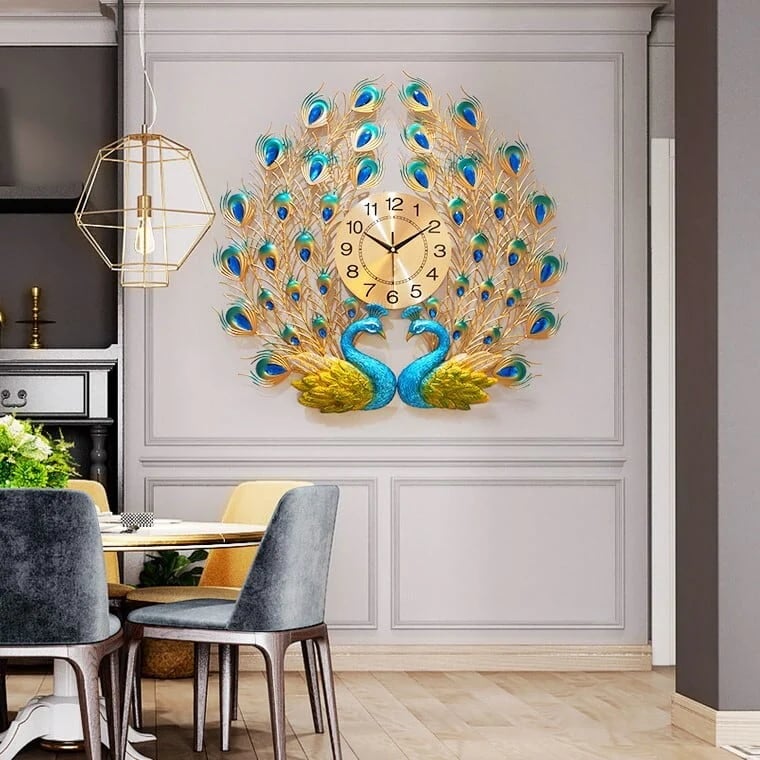掛け時計 孔雀 エレガント ラグジュアリー 静音 アナログ おしゃれ かわいい インテリア アート ウォール クロック 壁掛け ラインストーン