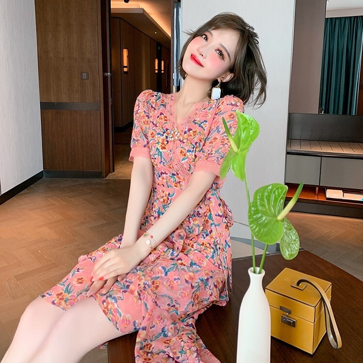 レディース ワンピース 花柄 半袖 シフォン 春 2color 清楚 シック かわいい フリル
