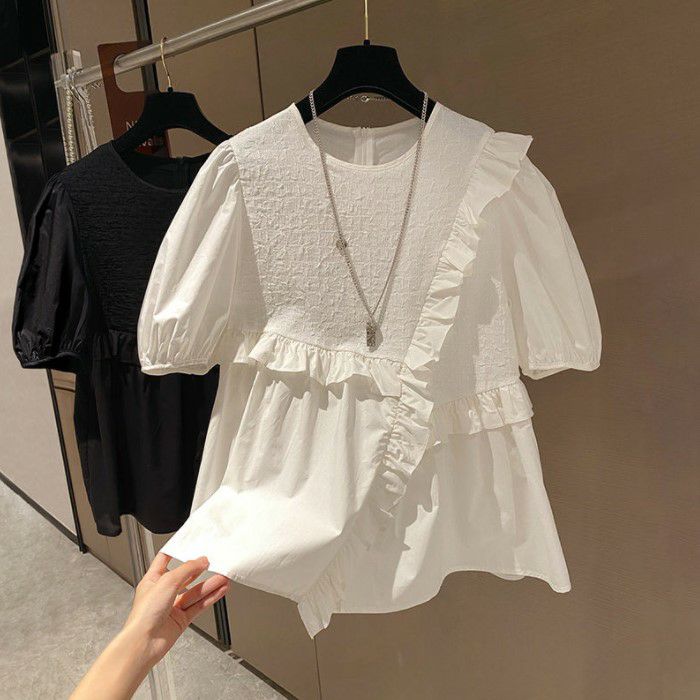 2021年 春夏 2color フリル 異素材 コンビ ブラウス