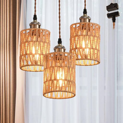 PNRLUX ペンダントライト 3灯セット E26口金 引掛け式 ダクトレール式 引掛シーリングプラグ付き 手織り 編み式カバー コード付き 100CM調節可能 吊り下げ照明 照明器具 天井照明 ペン