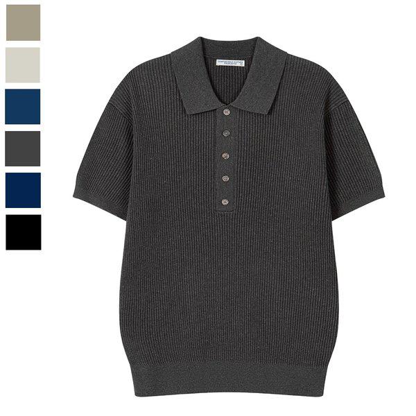 メンズ クリーク リブ リネン カラーネック 半袖 ニットTシャツ AS-KNH-Q035-チャコール