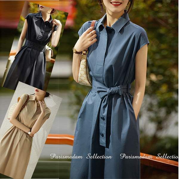 高品質保証大人ワンピース　ウエストリボン　フレンチスリーブ　ひざ下丈　SからXL ほっそり効果大通勤通学20代30代40代50代60代