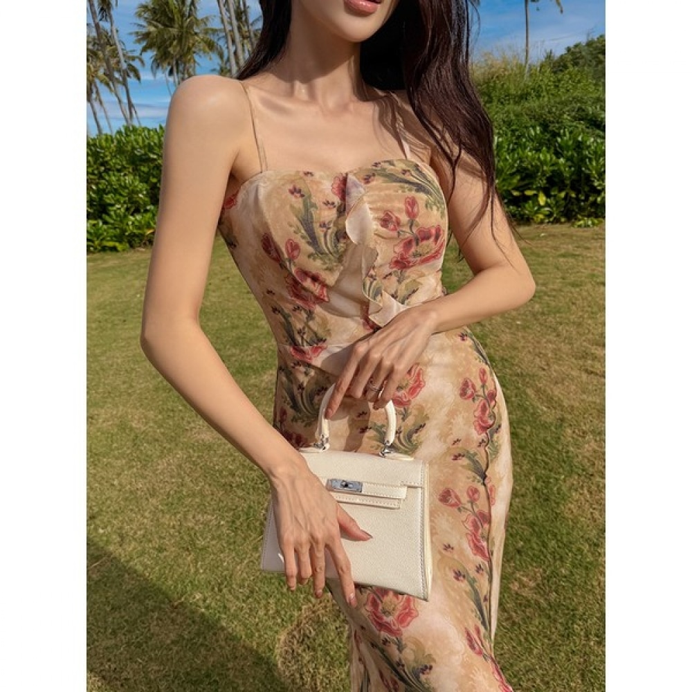 [Vivarup] アジアンリゾートビーチドレスOP20217Fフラワーフリルシフォンオフショルダーストラップ付きスリムロングドレスバケーションビーチドレス