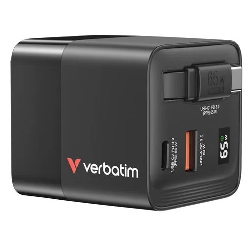 Verbatim GANRC65-2V1 GaN充電器 65W USB-Cポート×2 USB-Aポート×1 収納式ケーブル付き ブラック