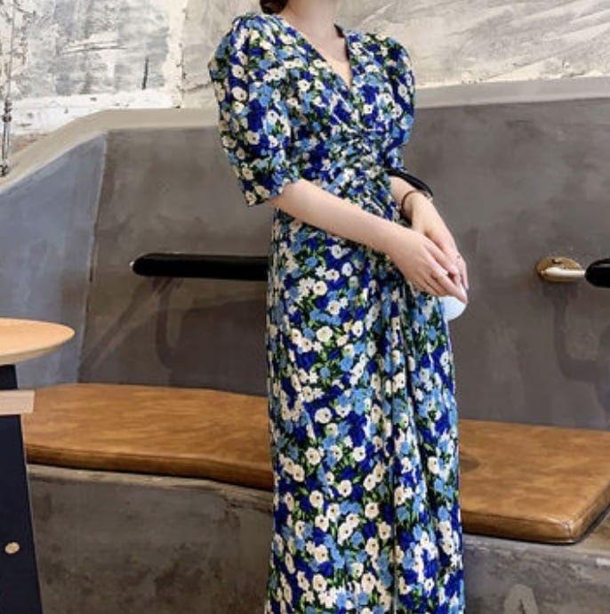 ワンピース ドレス レディース ５分袖 Vネック Aライン デート 大人可愛い きれいめ カジュアル 上品 おしゃれ 花柄 フラワー ドット イベント リゾート ブルー ピンク パープル ブラック 6,406円