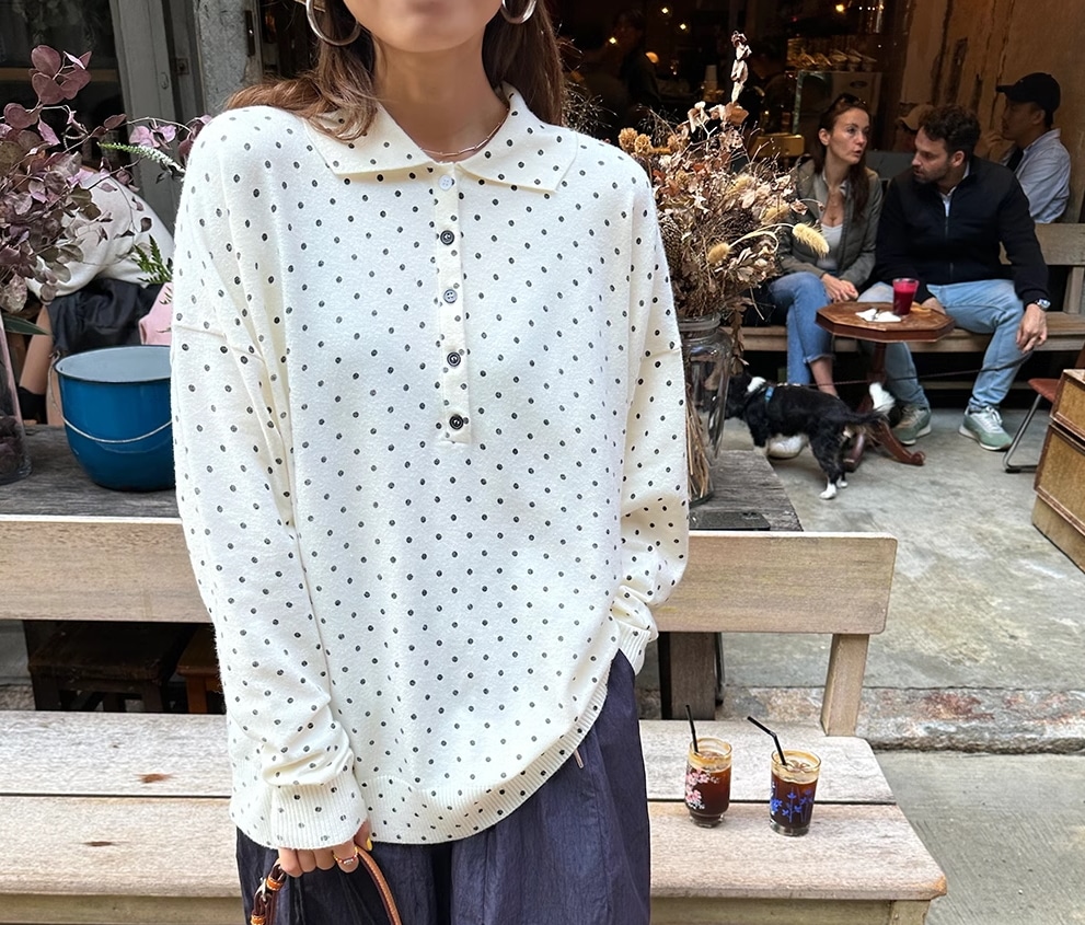 レディース トップス ニット 長袖 ドロップショルダー 襟付き ワイド 伸縮性 かわいい 大人可愛い シンプル カジュアル ドット柄 春 秋 お出かけ 旅行 休日 ショッピング 重ね着 楽ちん