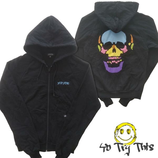 Yo Try This メンズ パーカー カラフル スカル ブラック ジップパーカー ヨートライディス LA インポート ストリート スタイル ロサンゼルス ブランド HIPHOP ウェアー B系 服