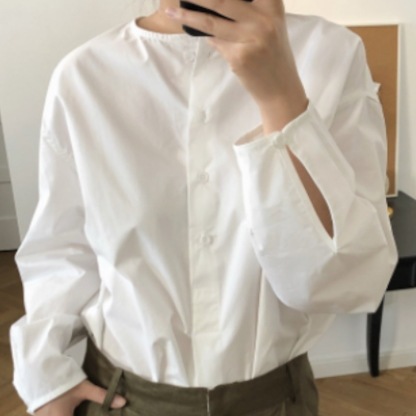 長袖シャツ トップス シャツ ブラウス シンプル ホワイト 白 ネイビー 紺 ミディアム丈 袖あり