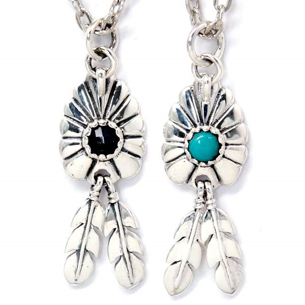 インディアンジュエリー ペンダント ネックレス アローヘッド 鏃 フラワー 花 天然石 ターコイズ ブラックスピネル フェザー 羽 シルバー925 メンズ レディース ブルー/ブラック