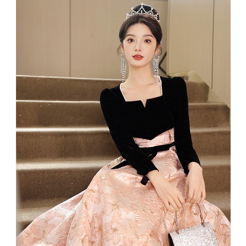 パーティードレス 誕生日 演奏会 花嫁 司会 イブニングドレスドレス宴会2025新しいホスト長袖イブニング