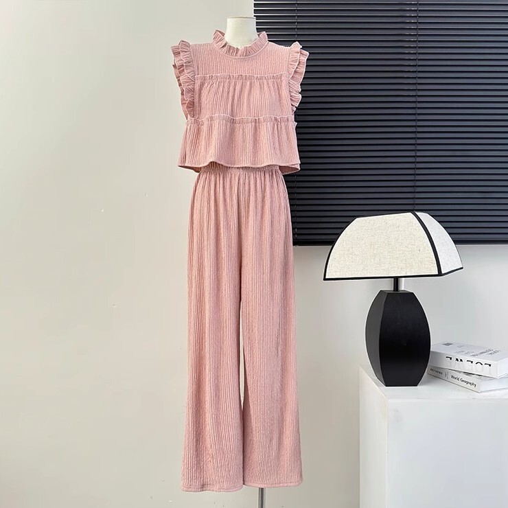 レディース トップス パンツ ボトムス セットアップ アンサンブル ストレートパンツ ワイドパンツ ショート 膝下 ロング 袖なし 襟付き スタンドカラー フェミニン フリル ハイウエスト ギャザー