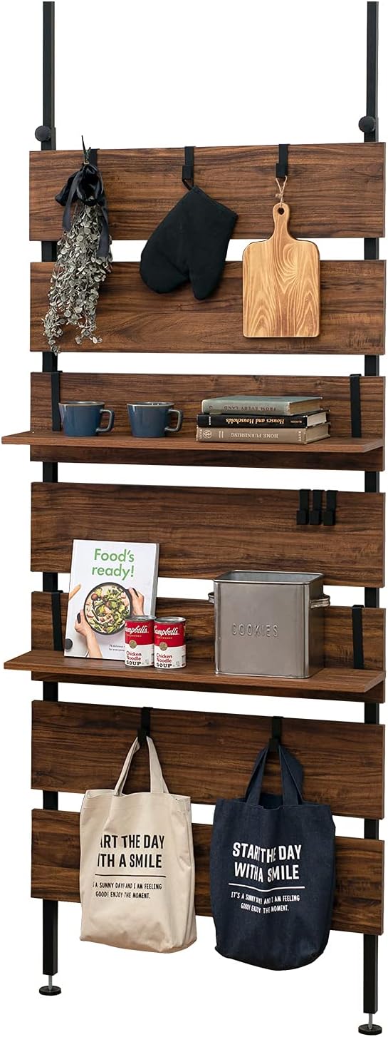 萩原(Hagihara) 突っ張り ラック つっぱり 棚 壁面収納 ウォールラック 【DIY・穴あけ・工事が不要】簡単取付 段差対応 木目調 幅80 スリム ブラウン KTR-3148BB