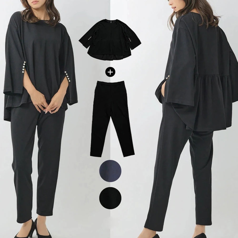 【リピート率高い】 女子力アップ 無地真珠飾り トップス+パンツセットアップ