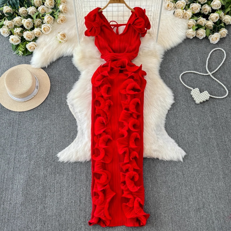 ドレス ワンピース パーティー 演奏会 発表会 ステージ 舞台 ダンス 衣装 コスチューム 演劇 ロング 半袖 Vネック 襟なし スレンダー タイト スリム 細身 プリーツ フリル ハイウエスト