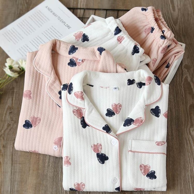 大人気！ 2025冬新作レディース ハート柄 ニットキルト パジャマ ルームウェア 綿100 上下セット 秋冬 パジャマ上下セット