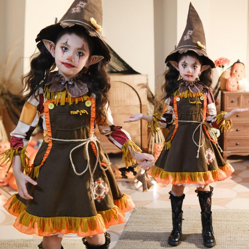 子供コスチューム スケアクロウコスチューム 案山子 キッズ長袖ワンピース ショート丈 魔法使い エルフ なりきり ハロウィン衣装 女の子 可愛いコスプレ衣装 変装 仮装 ハロウィンパーティー イベント