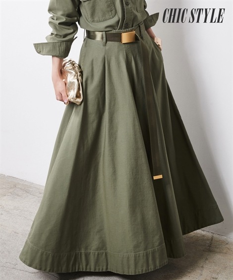 ロングスカート 綿100％バックサテンタックフレアマキシスカート シックスタイル 大きいサイズ対応