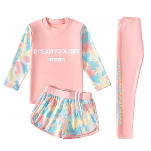 女の子用長袖トップスショーツ,3ピース,カラフルなプリント水着,パンツセット,日焼け止めラッシュガード Pink 4XL