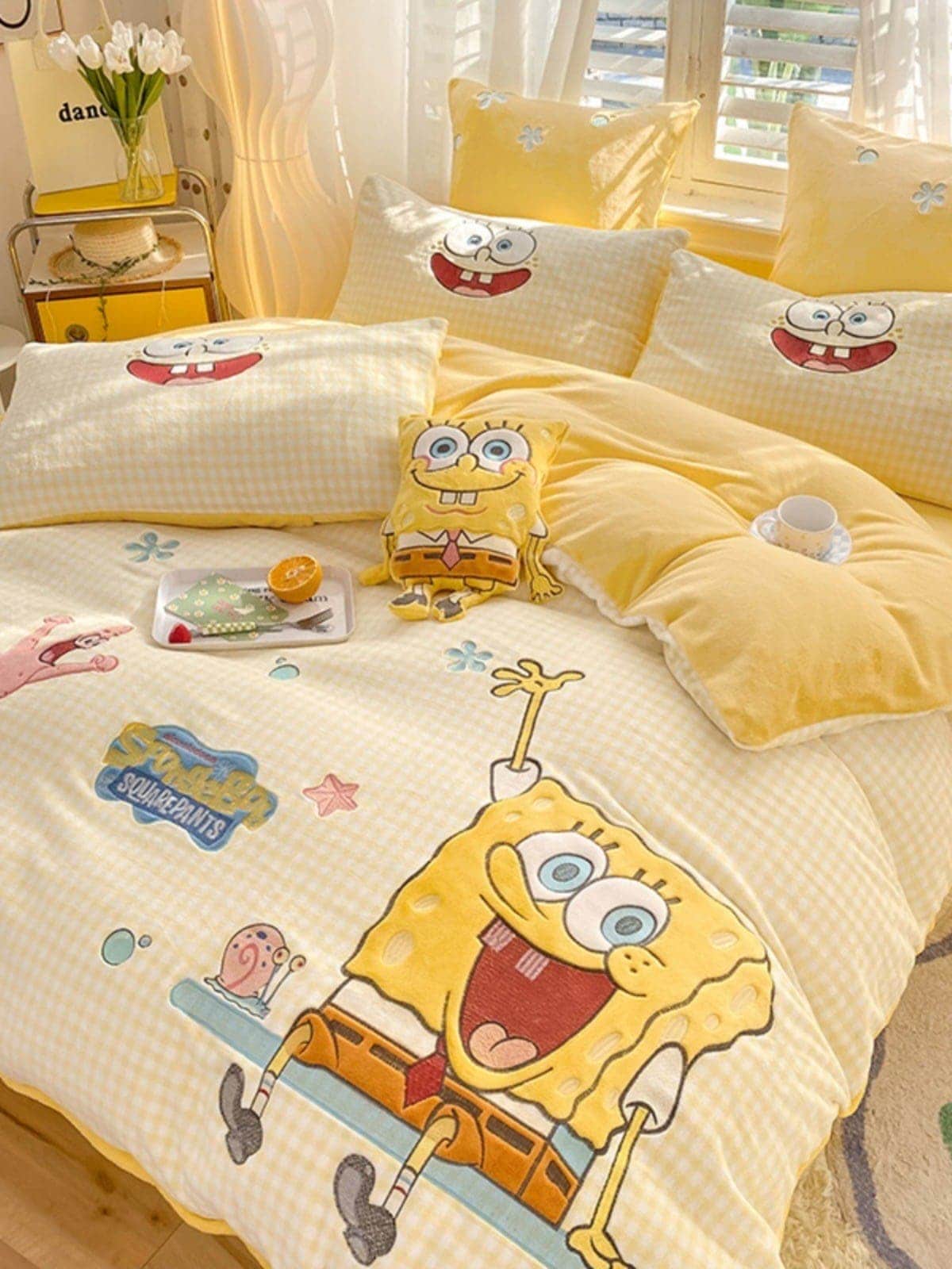 冬用ミルクベルベットベッド4点セットスポンジボブ両面コーラルベルベットシーツキルトカバーフランネル子供用寝具