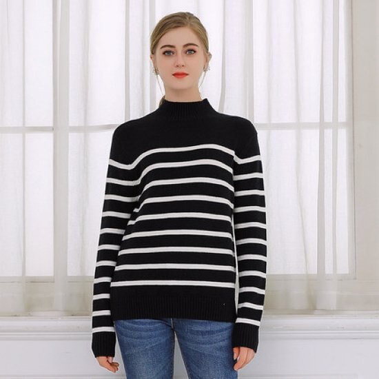 【取寄：納期2週間】ニットセーター レディース トップス ニット セーター 長袖 カジュアル ボーダー ハーフタートルネック プルオーバー カーキ ブラック デイリー お出掛け おしゃれ 秋冬