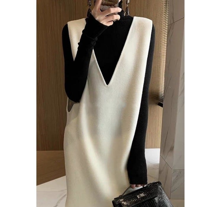 レディース ノースリーブ ワンピース Vネック スリット 韓国 新作 体型カバー インスタ映え トレンド オルチャン スタイルアップ 美スタイル 暖かい カジュアル 大人 上品 きれいめ lout02