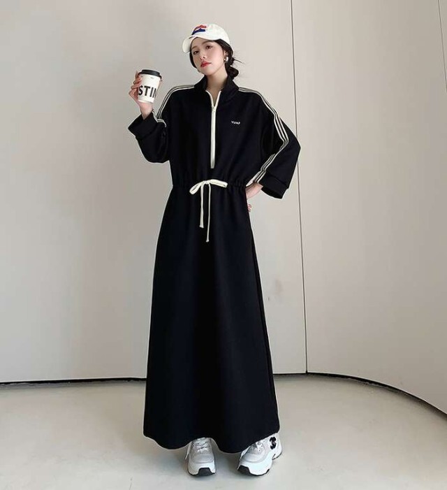 ワンピース レディース ロングワンピース 大きいサイズ ビックシルエット ロング丈 長袖 ハーフジップ リボン紐 ライン 大人可愛い ママコーデ 韓国 オルチャン 人気 トレンド 新作 20代