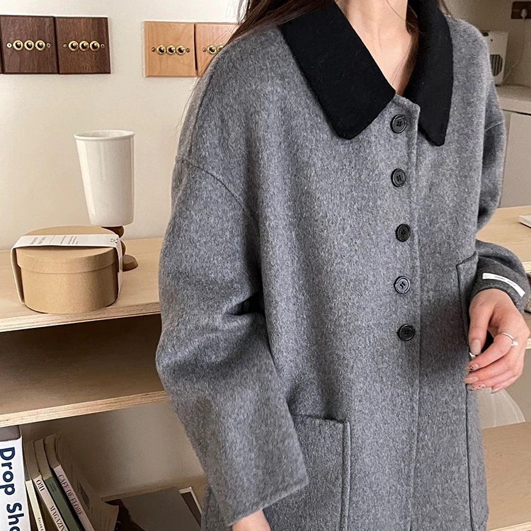 両面カシミアコート レディース レーシングカラー シングルボタン ストレート 膝丈オーバー ウールコート ミディアムロング