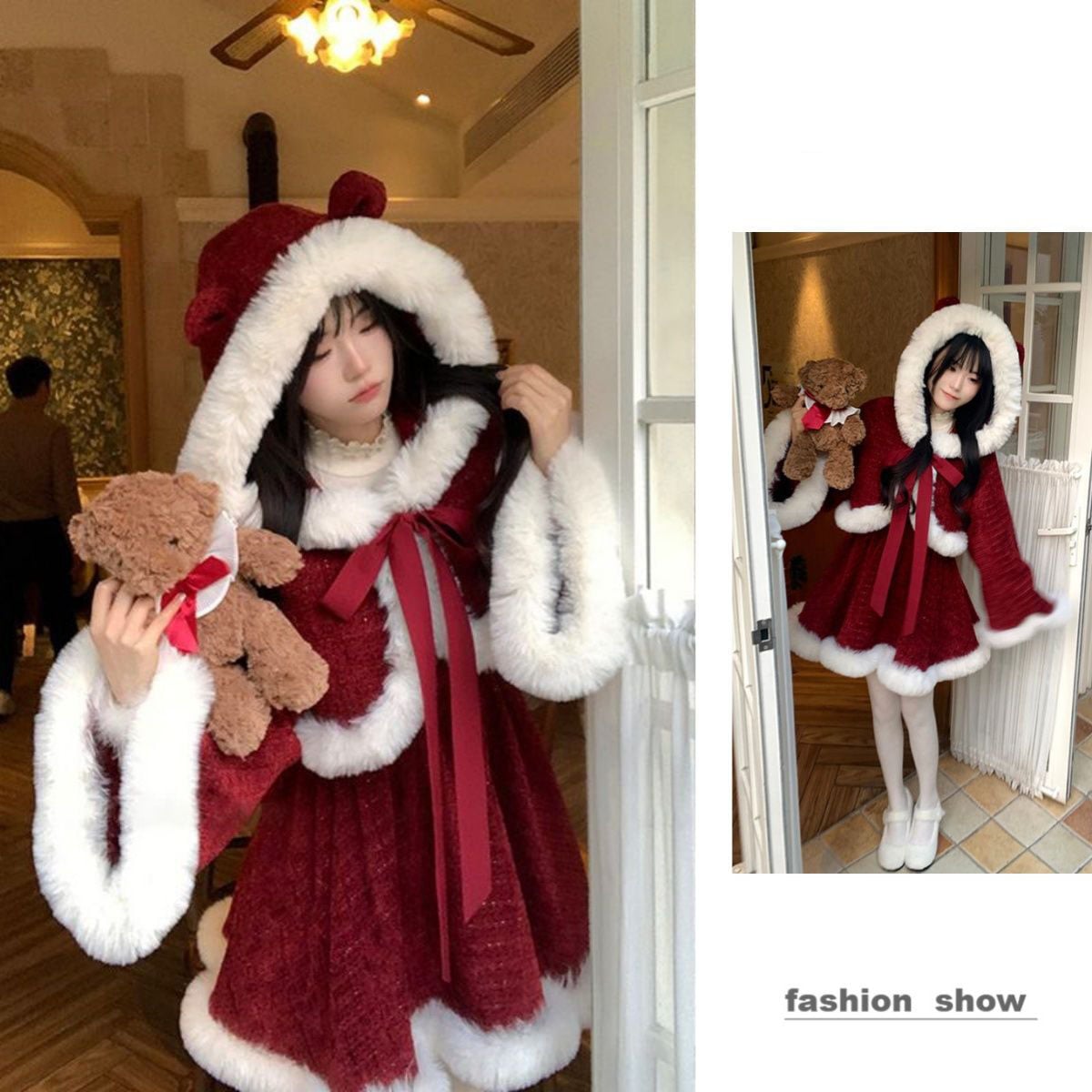 気質 小香風 リボン セットアップ レディースファッション キャミワンピース+マント 2点セット クリスマススーツ フード付きアウター