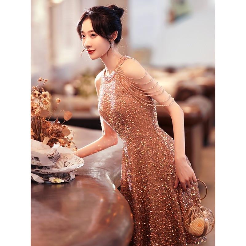 バンケットイブニングドレスレディース2023スモールゴールドスパンコールショルダータッセル