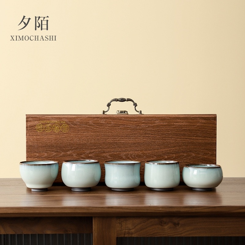 官窯五行カップ 鉄茶碗 茶碗セット ギフトボックス 茶器 茶托 茶杯 お父さん 誕生日プレゼント