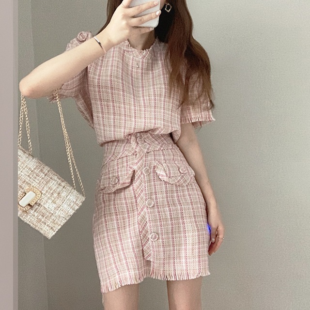 2色 セットアップ 半袖 春夏 かわいい 2ピース タイトスカート ショート ミニ ミニ丈 ショート ショート丈 膝丈 ひざ丈 膝上 ぽわん袖 Uネック ラウンドネック 襟なし フレア セミフレア ポ