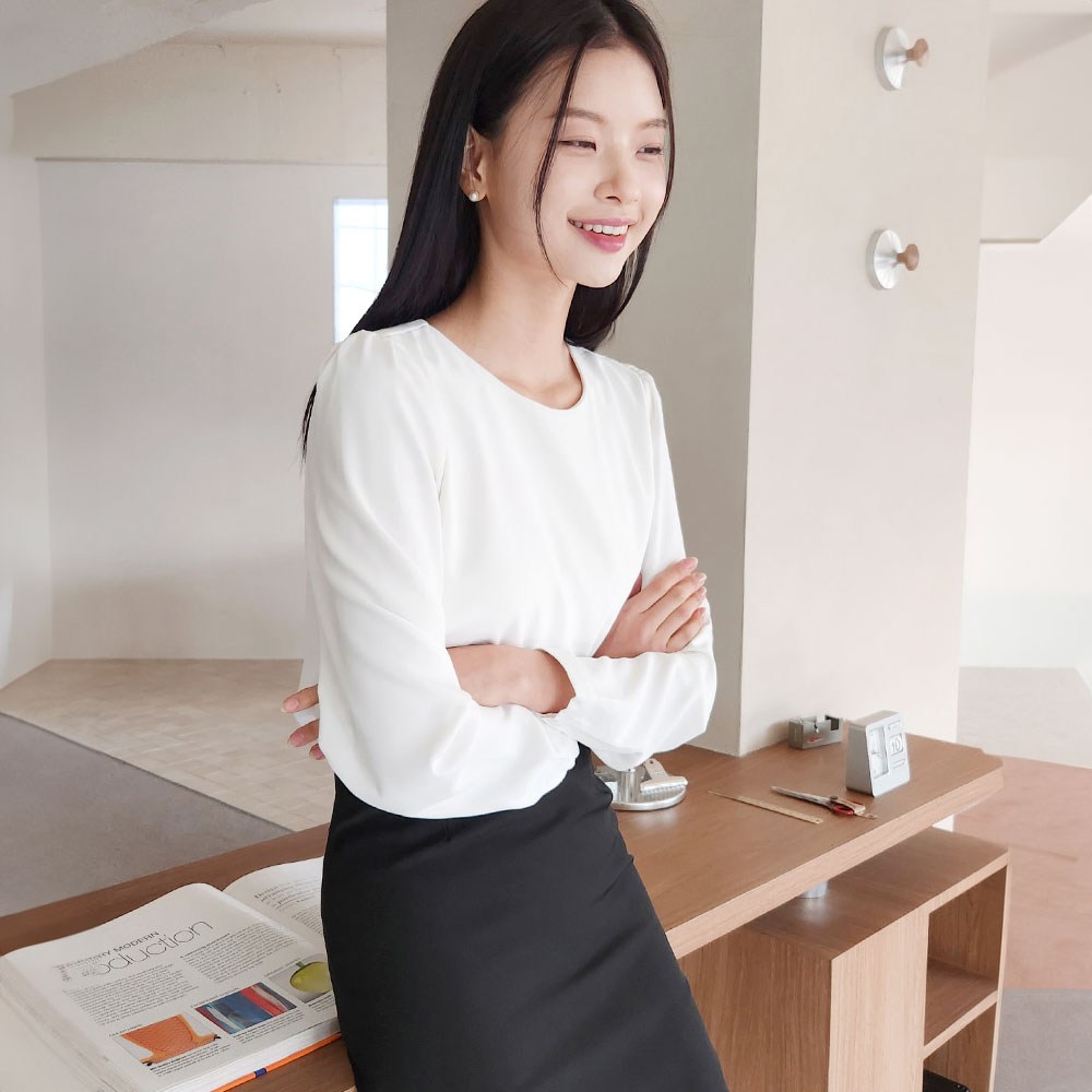 無針二重ベーシックラウンドブラウスビッグサイズ面接制服ホワイトラウンドネック