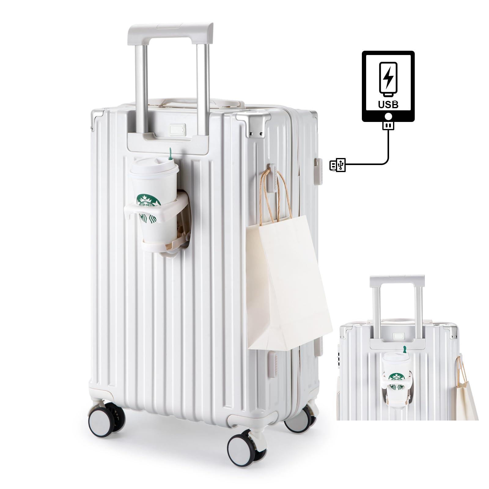[RoamRover] スーツケース 機内持ち込み キャリーケース カップホルダー付き キャリーバッグ USBポート付き 隠しフック機能 充電機能 大型 静音 ダブルキャスター 耐衝撃 360度回転