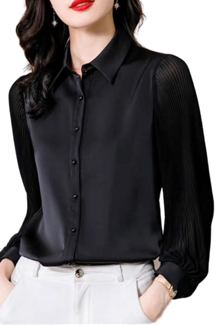 ワイシャツ レディース 長袖 プリーツ袖 パフスリーブ シアー 無地 上品 オフィス(ブラック, M)