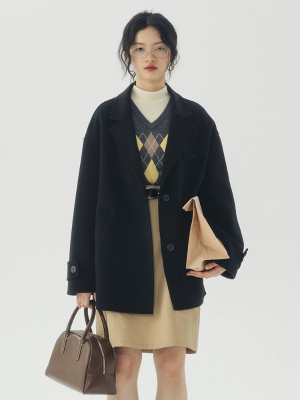 オモントエッグタルトショートダブルフェイスウールコートレディース秋冬新作スーツカラースモールウールコート