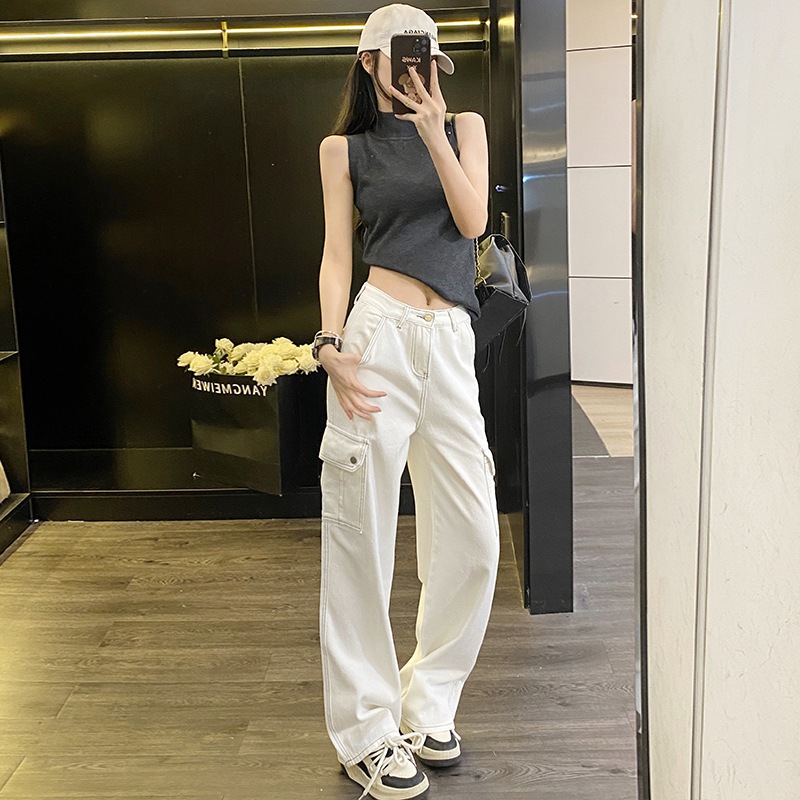 女性用ホワイトワークジーンズ2024春秋冬ハイウエストゆったりマルチポケットデザインワイドレッグフロアモップパンツ