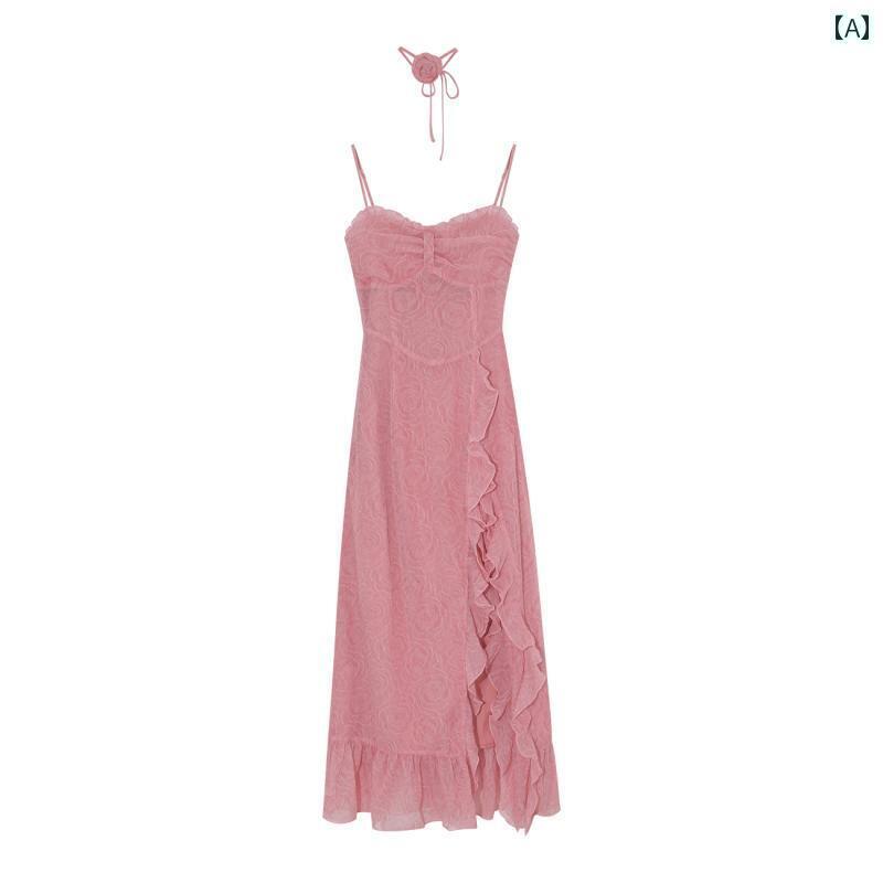 ワンピース ドレス レディース フランスの ピンクの サスペンダー ドレス 女性用 夏用 フリル 甘くて スパイシーな スーツ スカート 南 フランスの 休日 フェアリーの ロング スカート
