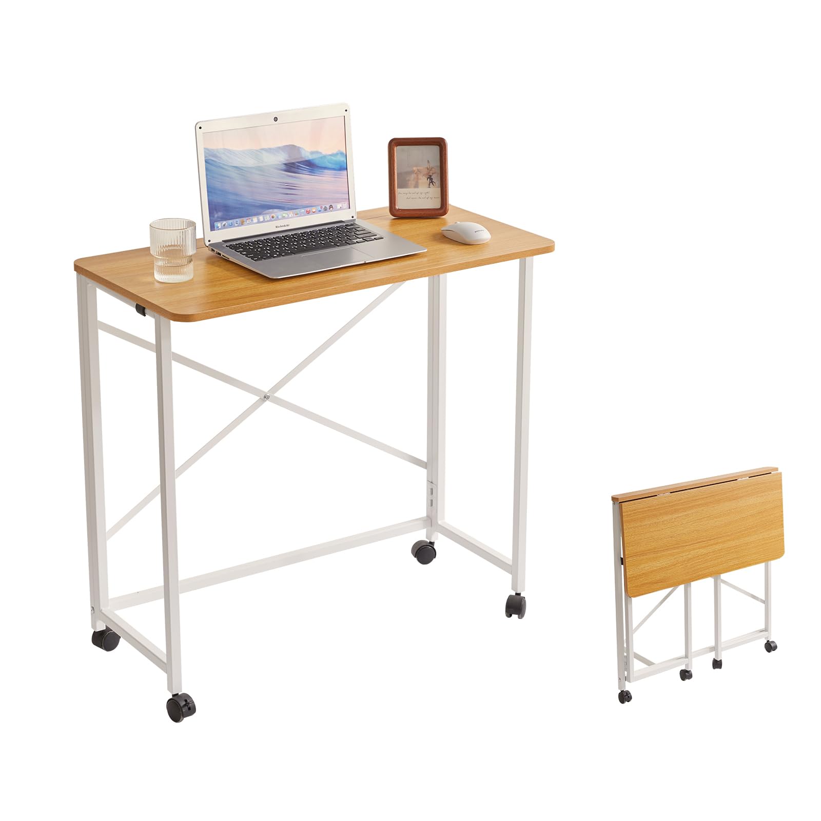 折りたたみデスク 幅80×奥行40×高さ75/77cm アジャスター付き キャスター付き pcデスク ワークデスク 木の色/白 YD-TM002N 66697